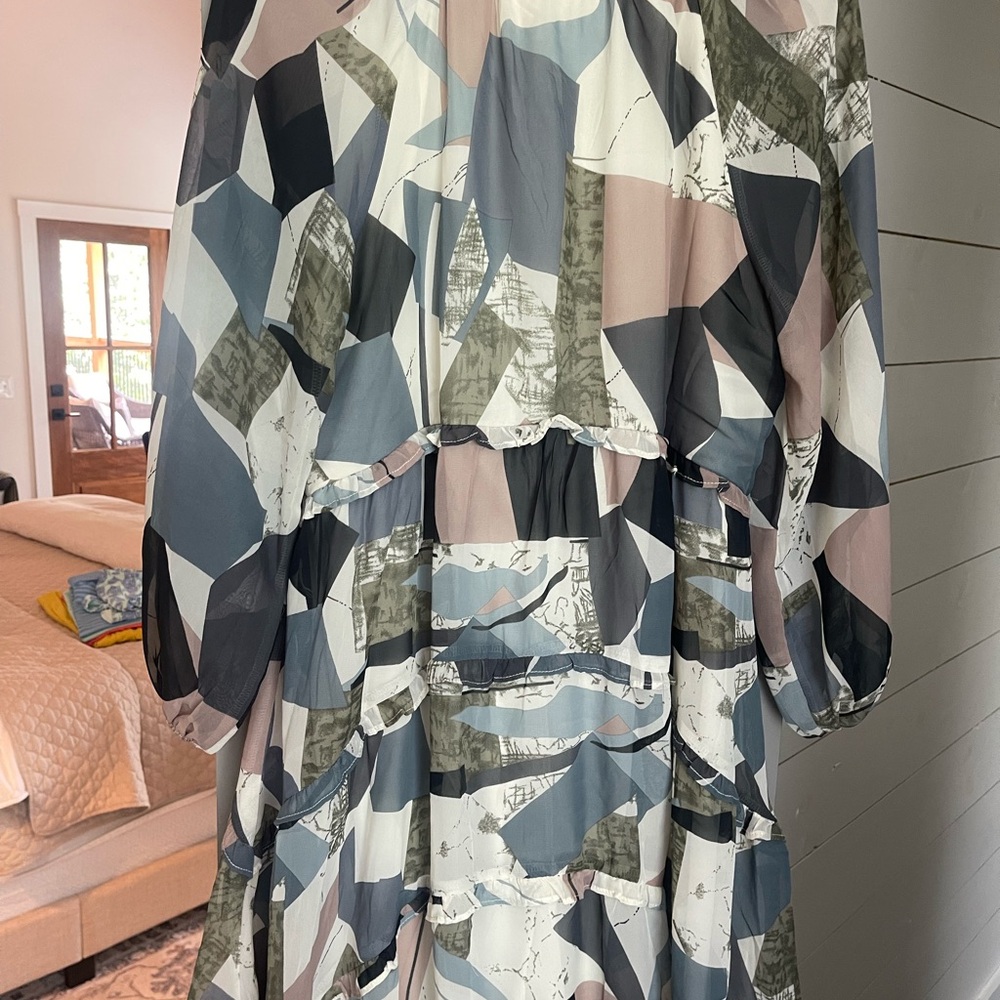 Entro Abstract Midi Dress - Blue, Gray, Cream